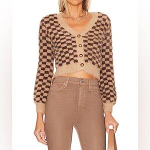 ASTR The Label Faux Fur Check Cardigan in Tan & Brown Checked Size Medium